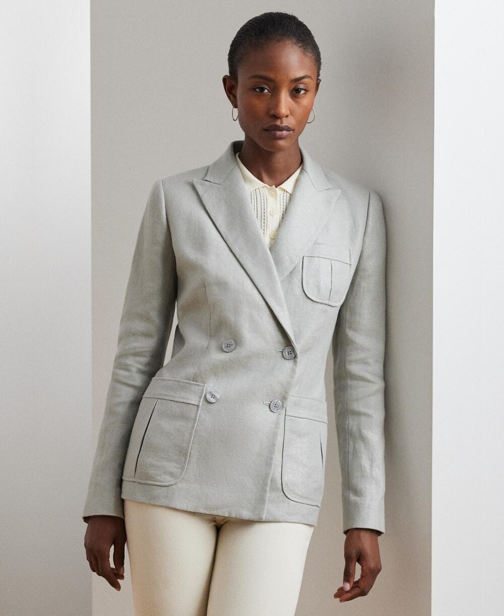 Lauren Ralph Lauren Women's Foiled Linen-Cotton Blazer Silver Size 12 3990